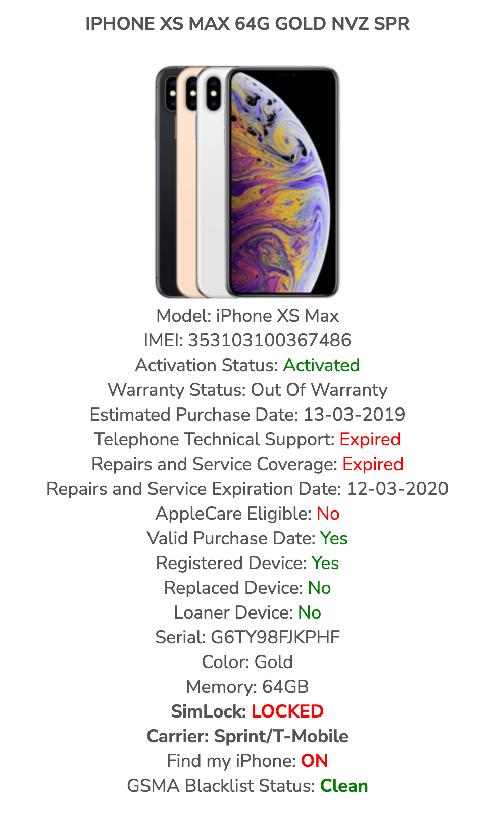 Apple iPhone XS MAX (64gb) T-Mobile/ Metro (A1921) Fractured {iOS14}95% FMI-ON
