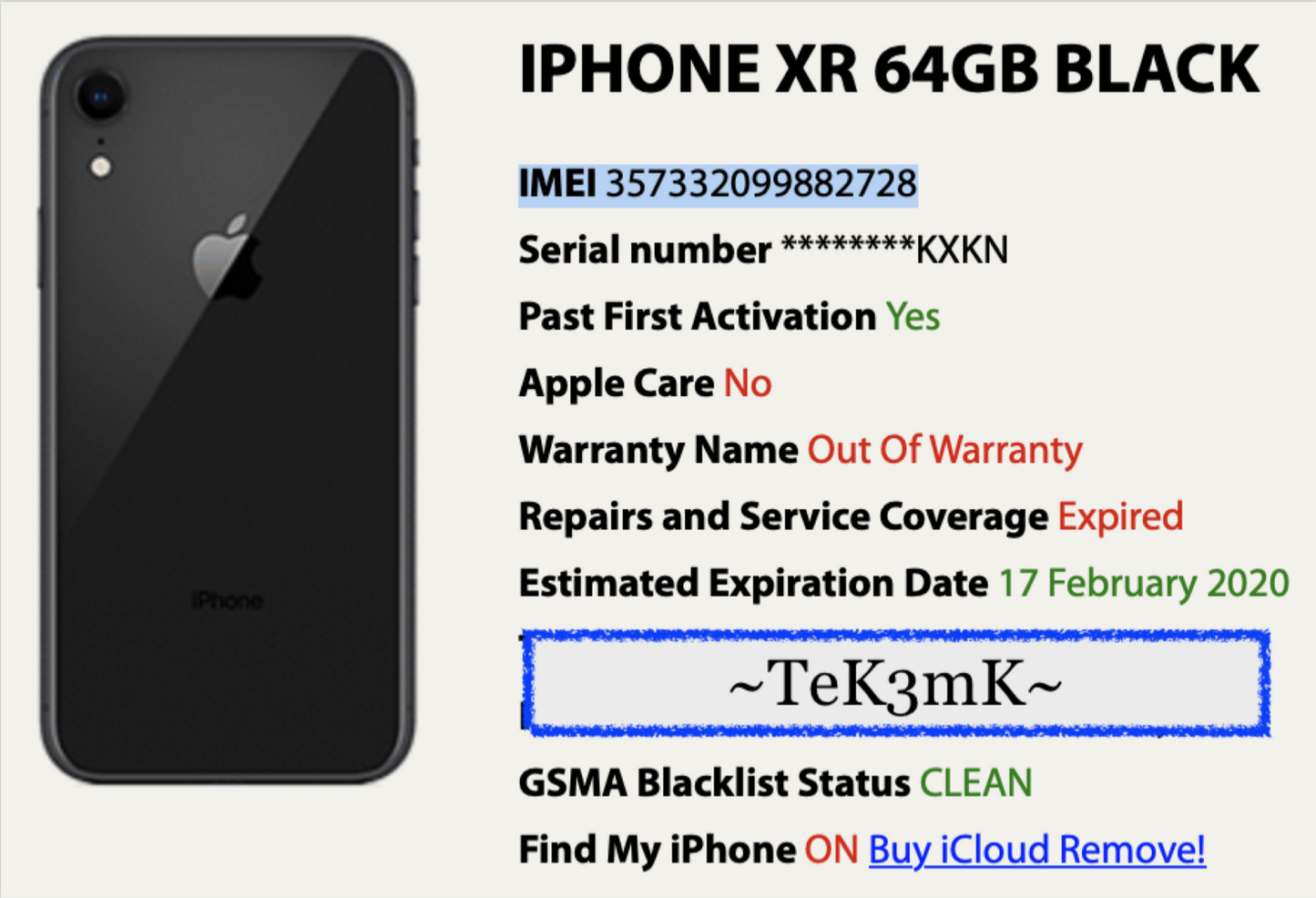 Apple iPhone XR (64gb) Check IMEI (A1984) Black {FMI-ON}89% Retina Display: PARTS