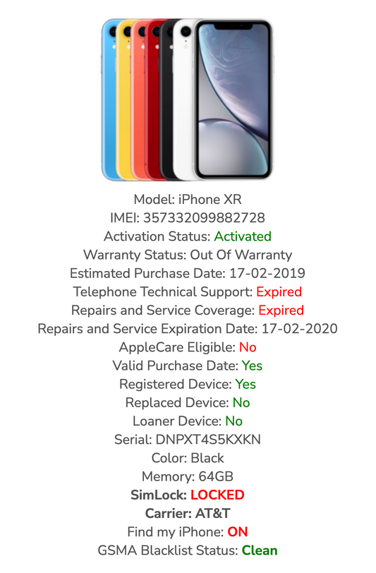 Apple iPhone XR (64gb) Check IMEI (A1984) Black {FMI-ON}89% Retina Display: PARTS