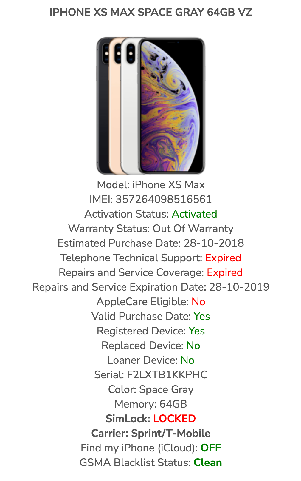Apple iPhone XS MAX (64gb) T-Mobile/ Metro (A1921) Space Grey {iOS13} JailBroken