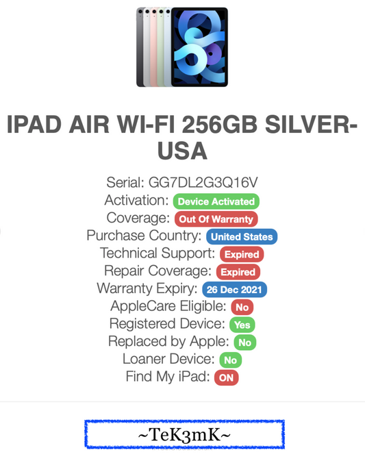 Apple iPad Air 4th gen. (256gb) Wi-Fi (A2316) PARTS {FMI-ON} Pristine Retina Display