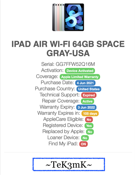 Apple iPad Air 4th gen (64gb) Wi-Fi (A2316) FMI-ON {iOS14}100% No LCD {PARTS}