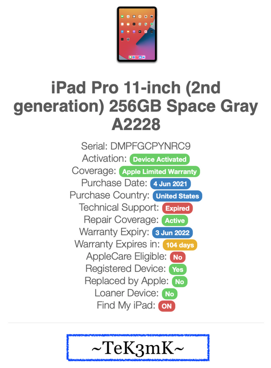 Apple iPad Pro 11in 2nd gen (256gb) Wi-Fi (A2228) FMI-ON {iOS14}100% LCD Missing {PARTS}
