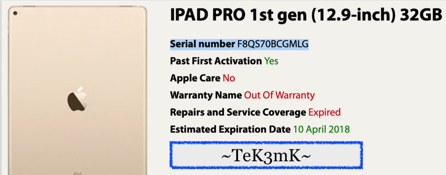 Apple iPad Pro 12.9 1st (32gb) Wi-Fi (A1584) FMI-OFF {iOS12} Wont Update No WiFi