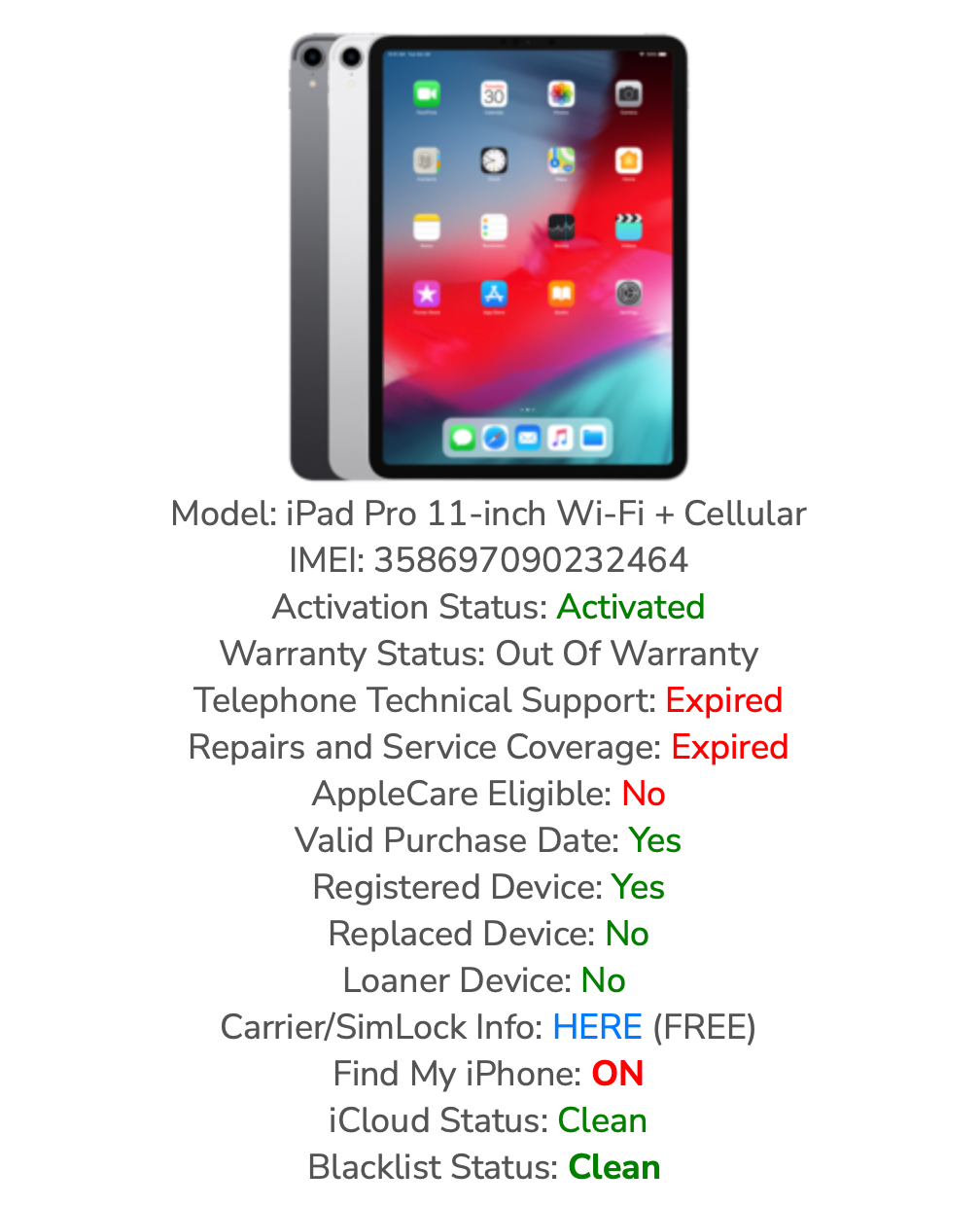 Apple iPad Pro 11in 1st (256b) Cellular Unlocked (A2013) FMI-ON {iOS15}100% PARTS